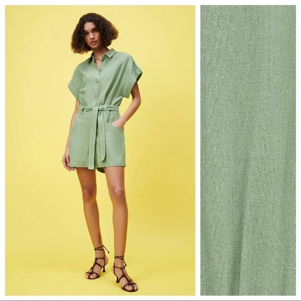 NWT. Zara Green Linen/Viscose Blend Topstitched Short Jumpsuit. Size S.